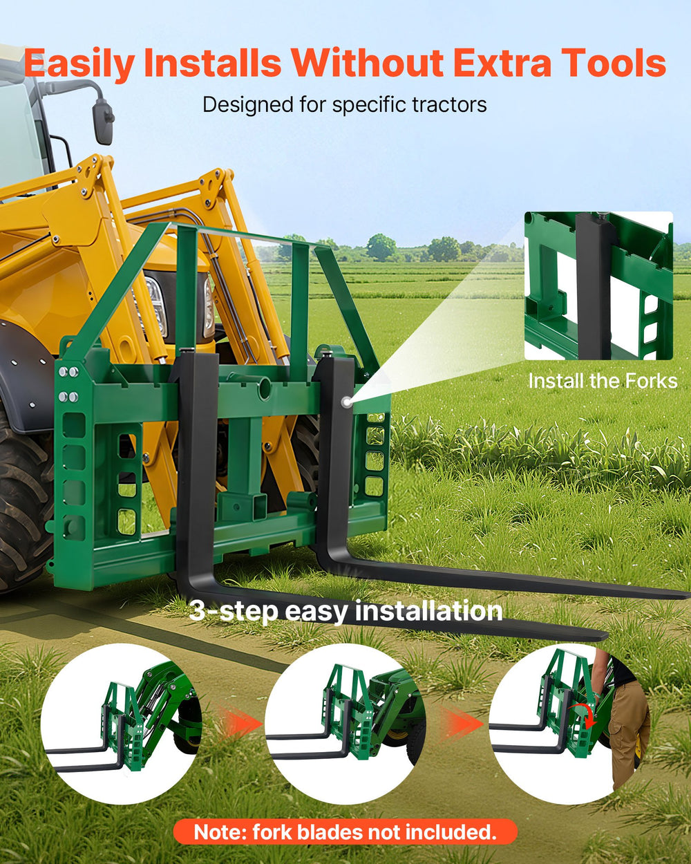 VEVOR Skid Steer Pallet Frame, 1814 kg Rated Load Capacity, 115 cm Pallet Fork Frame Attachments with 50.8 mm Hitch Receiver & Spear Sleeves, Fit for John Deere Loaders Quick Attach Mount, Frame Only