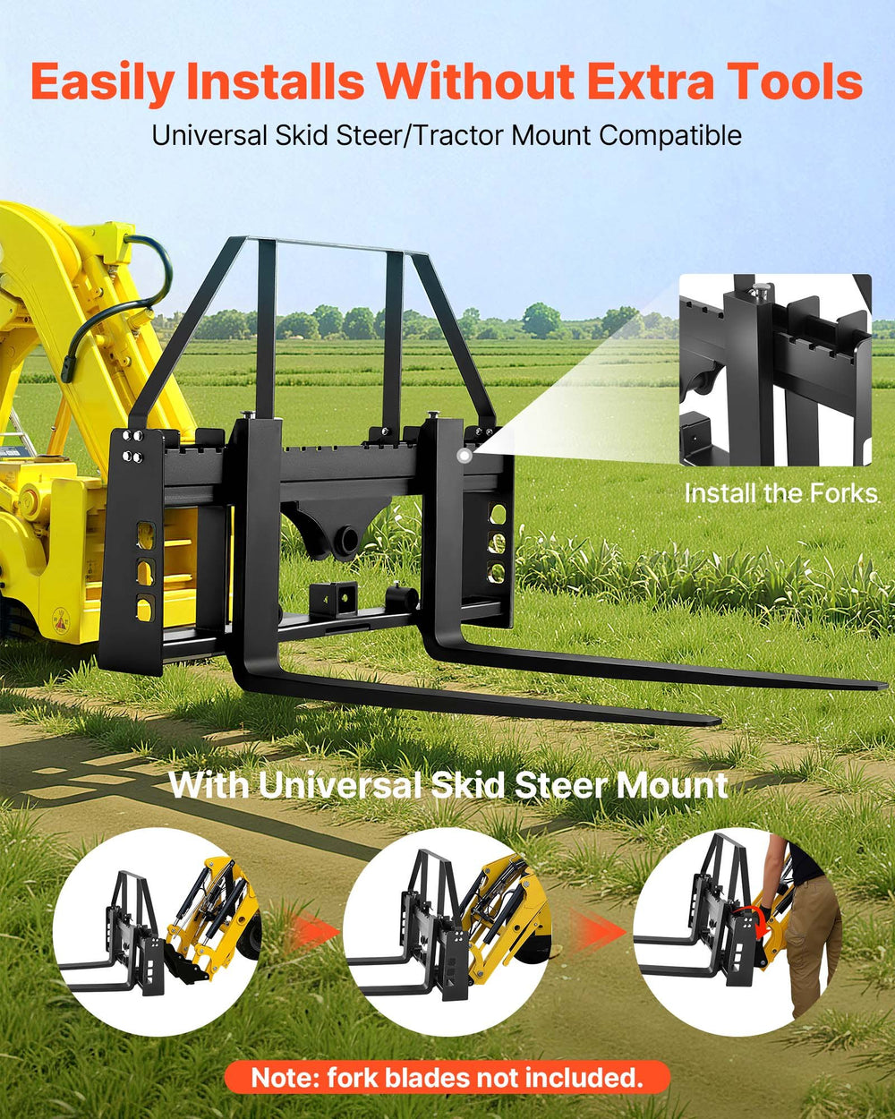 VEVOR Skid Steer Pallet Fork Frame, 1814 kg Rated Capacity, 115 cm Pallet Fork Frame Attachments with 50.8 mm Hitch Receiver & Spear Sleeves, Fit for Quick Attach Tractor Loaders, Frame Only