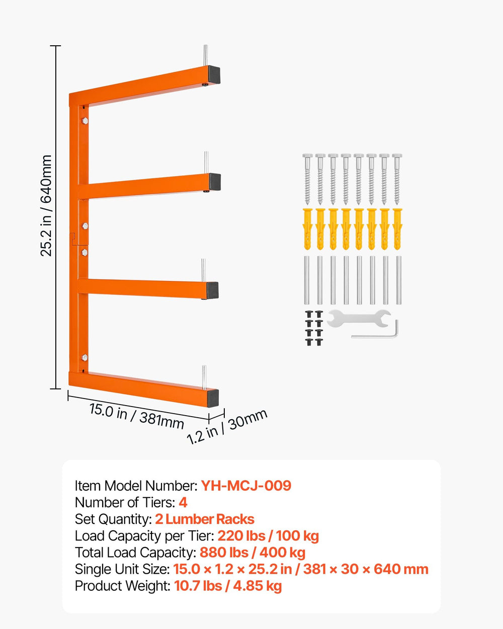 VEVOR Lumber Rack, 4-Tier 2-Pack 100 kg per Tier, Welded Wood Pipe Storage, Wall-mounted Organizer for Garages, Workshops, Warehouse, Basement, Heavy-Duty Steel Cantilever Arms, Locking Pins, Orange