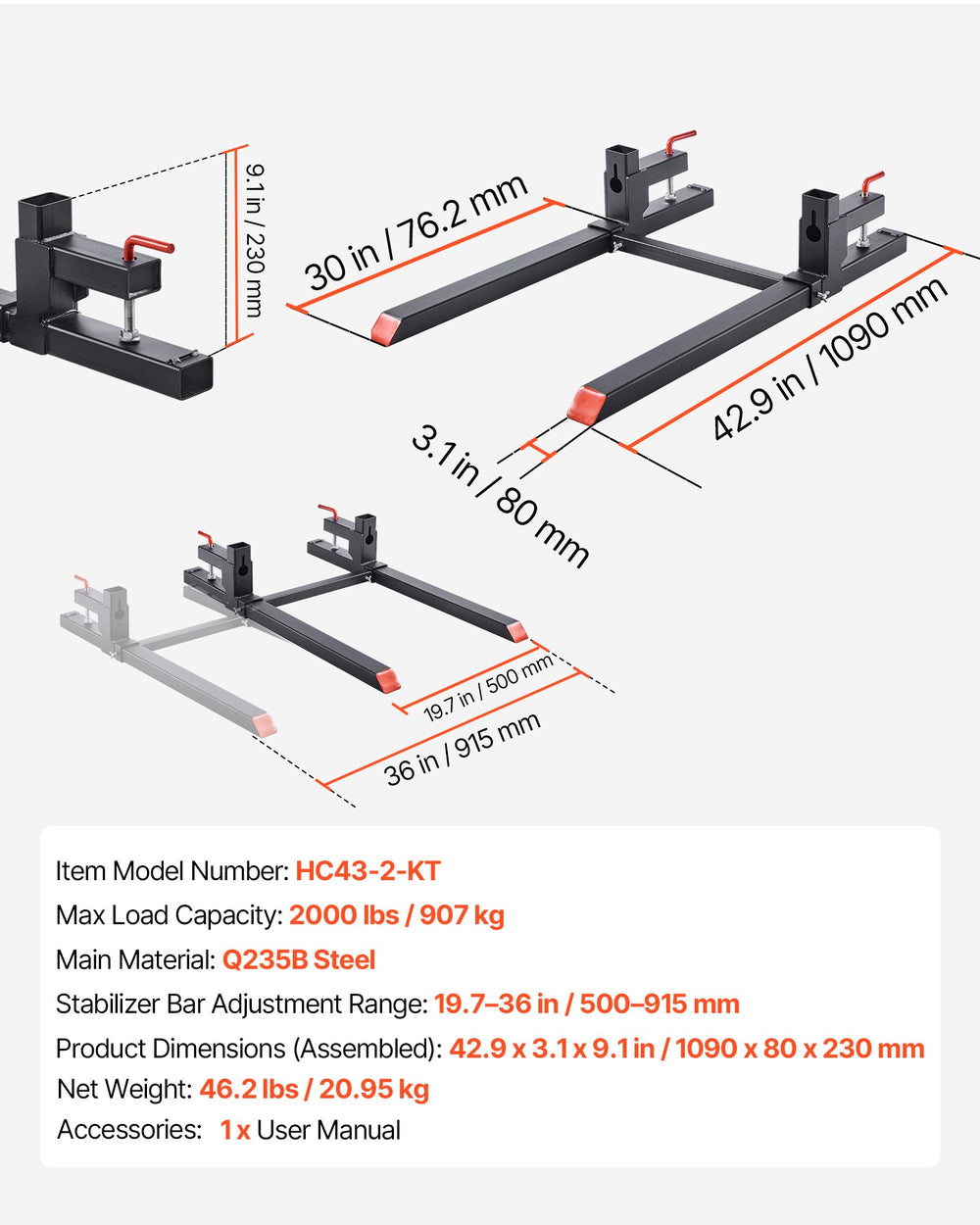 VEVOR Pallet Forks, 907 kg Clamp on Pallet Forks, 109 cm Total Length Heavy-Duty Tractor Fork with Adjustable Stabilizer Bar for Tractor Attachments, Loader Bucket, and Skid Steer, Black