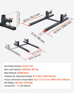 VEVOR Pallet Forks, 907 kg Clamp on Pallet Forks, 109 cm Total Length Heavy-Duty Tractor Fork with Adjustable Stabilizer Bar for Tractor Attachments, Loader Bucket, and Skid Steer, Black