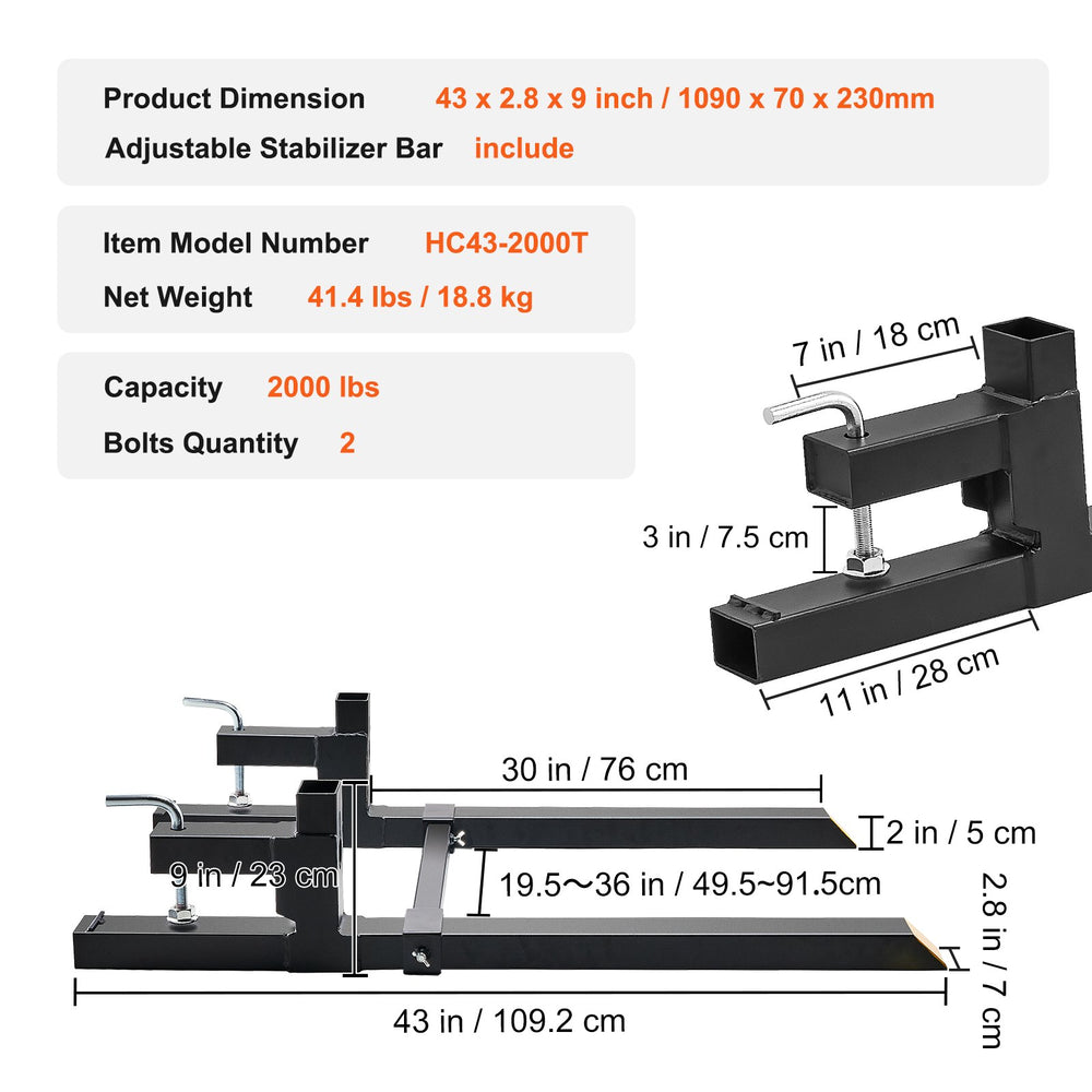 VEVOR Pallet Forks, 907.2 kg Clamp on Pallet Forks, 109.2 cm Total Length Tractor Bucket Forks with Adjustable Stabilizer Bar, Heavy Duty Pallet Forks for Tractor Attachments, Skid Steer, Loader Bucket