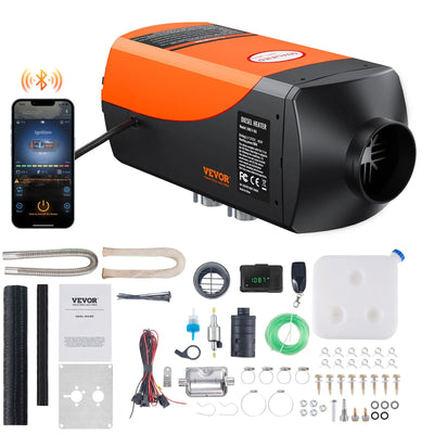 VEVOR Bluetooth lietotnē vadāms dīzeļdegvielas gaisa sildītājs, 12V 5-8kW dīzeļdegvielas sildītājs ar automātisku augstuma regulēšanu, tālvadības pulti un LCD ekrānu, dīzeļdegvielas stāvvietas sildītājs kemperiem, treileriem, furgoniem un laivām