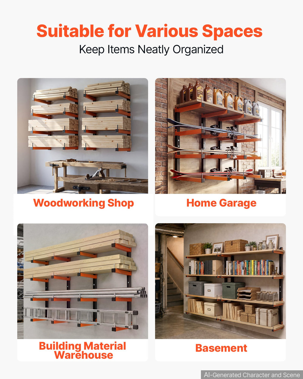 VEVOR Lumber Rack, 4-Tier 4-Pack 50 kg per Tier, Foldable Wood Storage, Wall-mounted for Garages, Workshops, Warehouse, Heavy-Duty Cantilever Arms, 3-Level Adjustment, Steel, Orange & Black