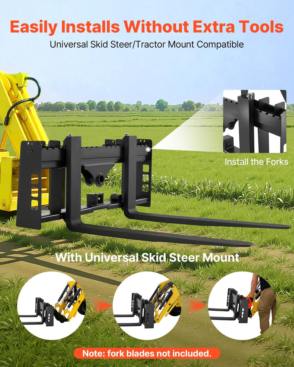 VEVOR Skid Steer Pallet Frame, 1814 kg Rated Load Capacity, 115 cm Pallet Fork Frame Attachments with 50.8 mm Hitch Receiver & Spear Sleeves, Fit for Loaders Tractors Quick Attach Mount, Frame Only