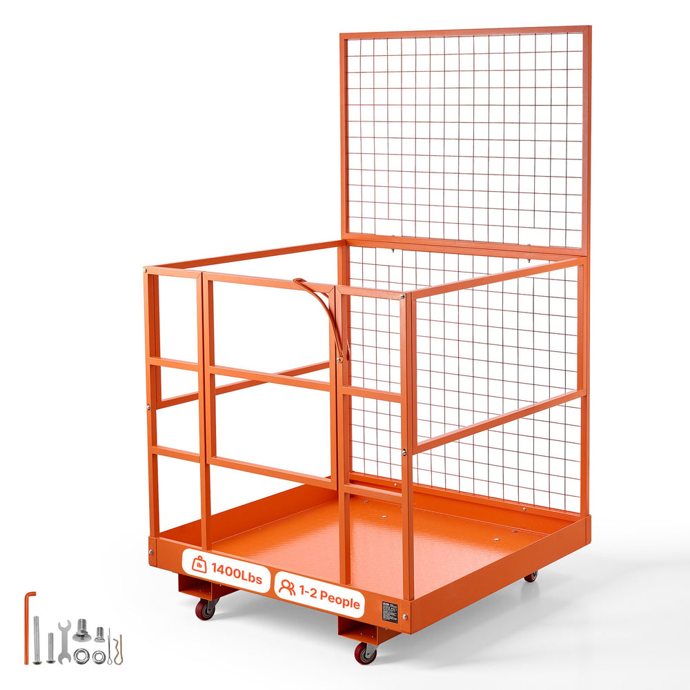 VEVOR Forklift Safety Cage, 1225 x 1148 mm, Heavy Duty Forklift Man Basket, 635.03 kg Capacity Collapsible Work Platform Lift Basket with 4 Wheels, Lock, Drain Hole, for Aerial Work Lifting Loader