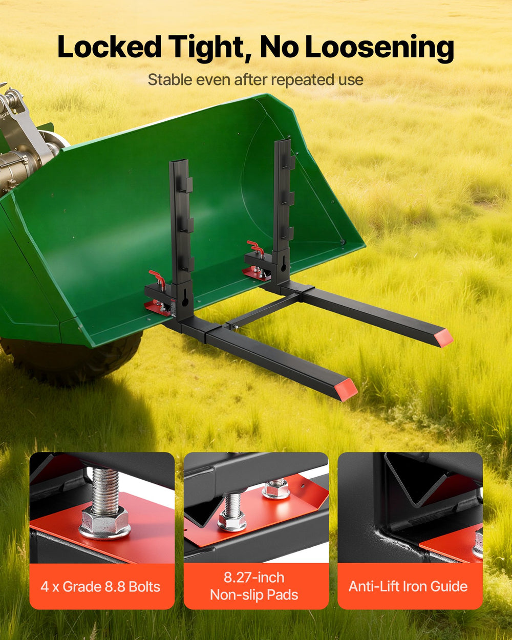 VEVOR Pallet Forks, 1814 kg Clamp on Pallet Forks, 149 cm Total Length Heavy-Duty Tractor Fork with Anti-Tilt Bar & Adjustable Stabilizer Bar, Fit for Loader Bucket Skid Steer Tractor, Black