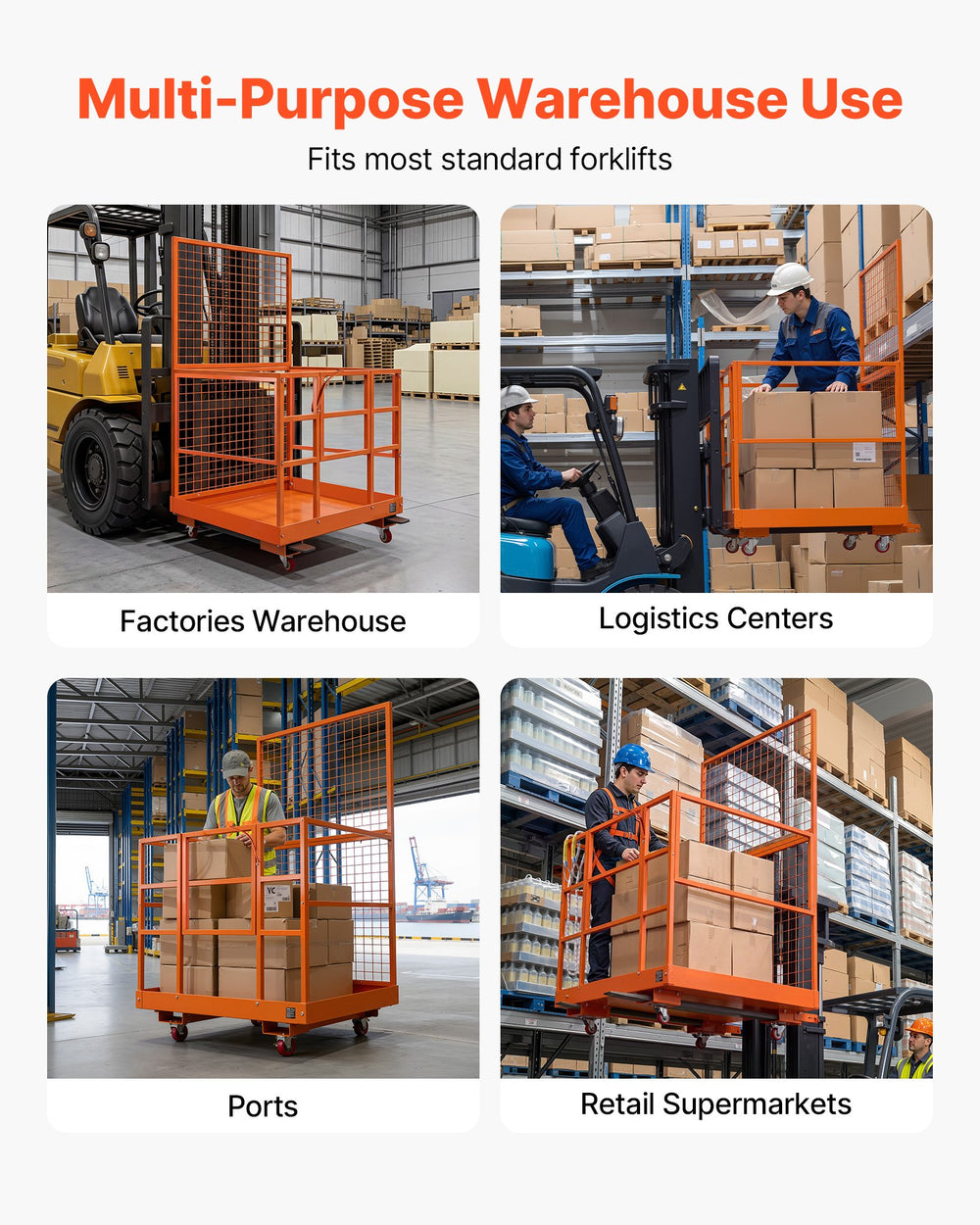 VEVOR Forklift Safety Cage, 1225 x 1148 mm, Heavy Duty Forklift Man Basket, 635.03 kg Capacity Collapsible Work Platform Lift Basket with 4 Wheels, Lock, Drain Hole, for Aerial Work Lifting Loader