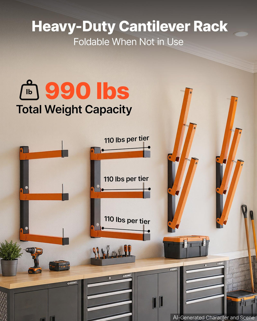 VEVOR Lumber Rack, 3-Tier 6-Pack 50 kg per Tier, Foldable Wood Storage, Wall-mounted for Garages, Workshops, Warehouse, Basement, Heavy-Duty Cantilever Arms, Locking Pins, Steel, Orange & Black