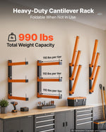 VEVOR Lumber Rack, 3-Tier 6-Pack 50 kg per Tier, Foldable Wood Storage, Wall-mounted for Garages, Workshops, Warehouse, Basement, Heavy-Duty Cantilever Arms, Locking Pins, Steel, Orange & Black