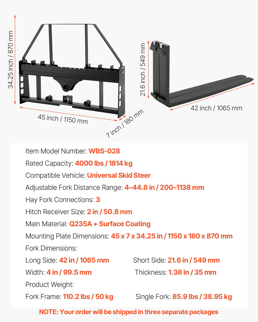 VEVOR Skid Steer Pallet Forks, 1814 kg Rated Capacity, Pallet Fork Frame Attachment with 1065 mm Pallet Forks Forklift Blades, 50.8 mm Hitch Receiver & Spear Sleeves, Fit for Skid Steers, Tractors