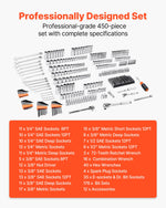 VEVOR Mechanics Tool Set and Socket Set, 450 Pcs, 6.4, 9.5 and 12.7 mm Drive Deep and Standard Sockets, SAE Metric Mechanic Tool Kit with Bits, Wrenches, Accessories, Storage Case with Orange Drawer