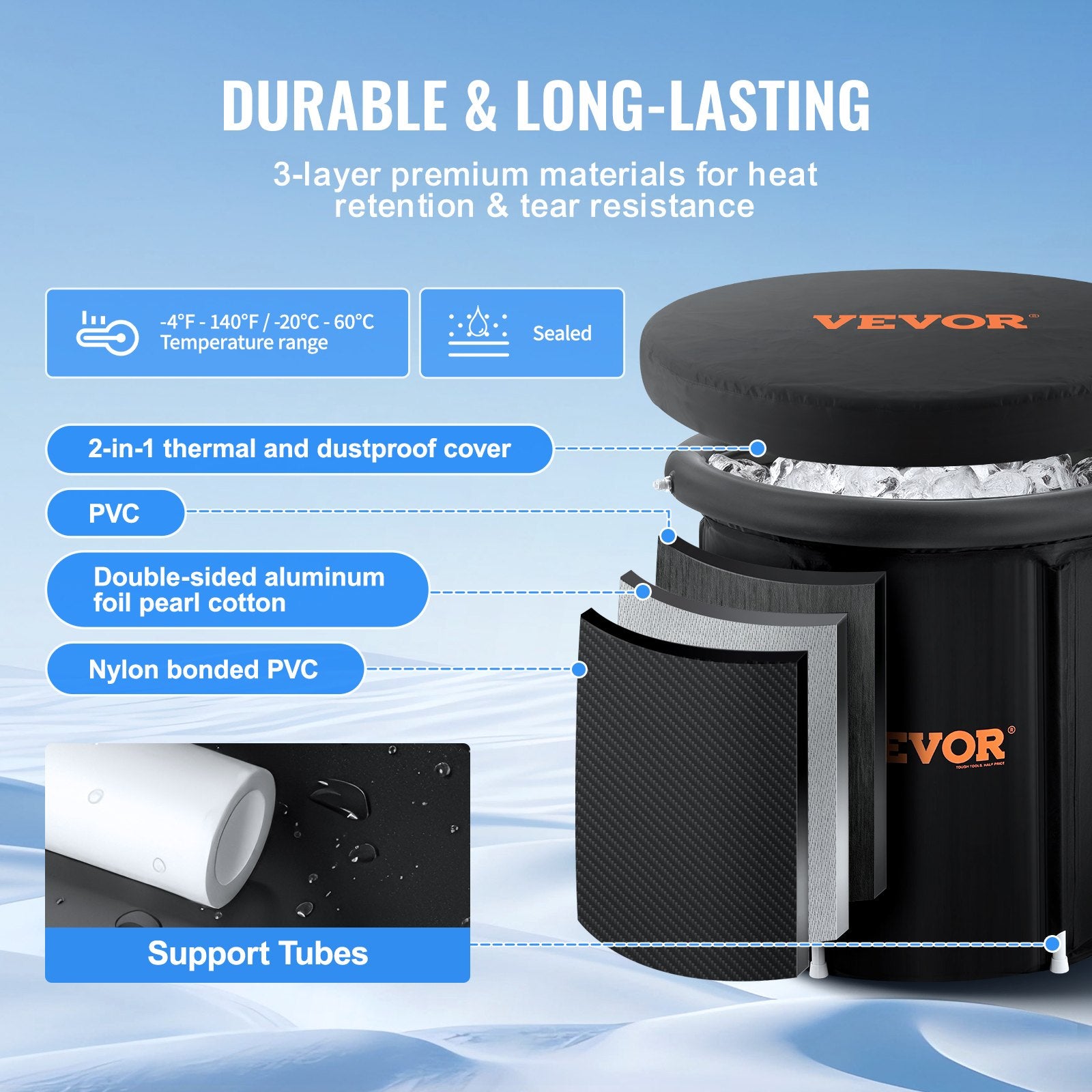 VEVOR Ice Bath Tub, 85 cm Long Cold Water Therapy Plunge Tub for Athletes, Portable Outdoor Ice Barrel Plunge Pool for Recovery, 398L Inflatable Folding Bathtub with Cover, Home Ice Pod for Adult
