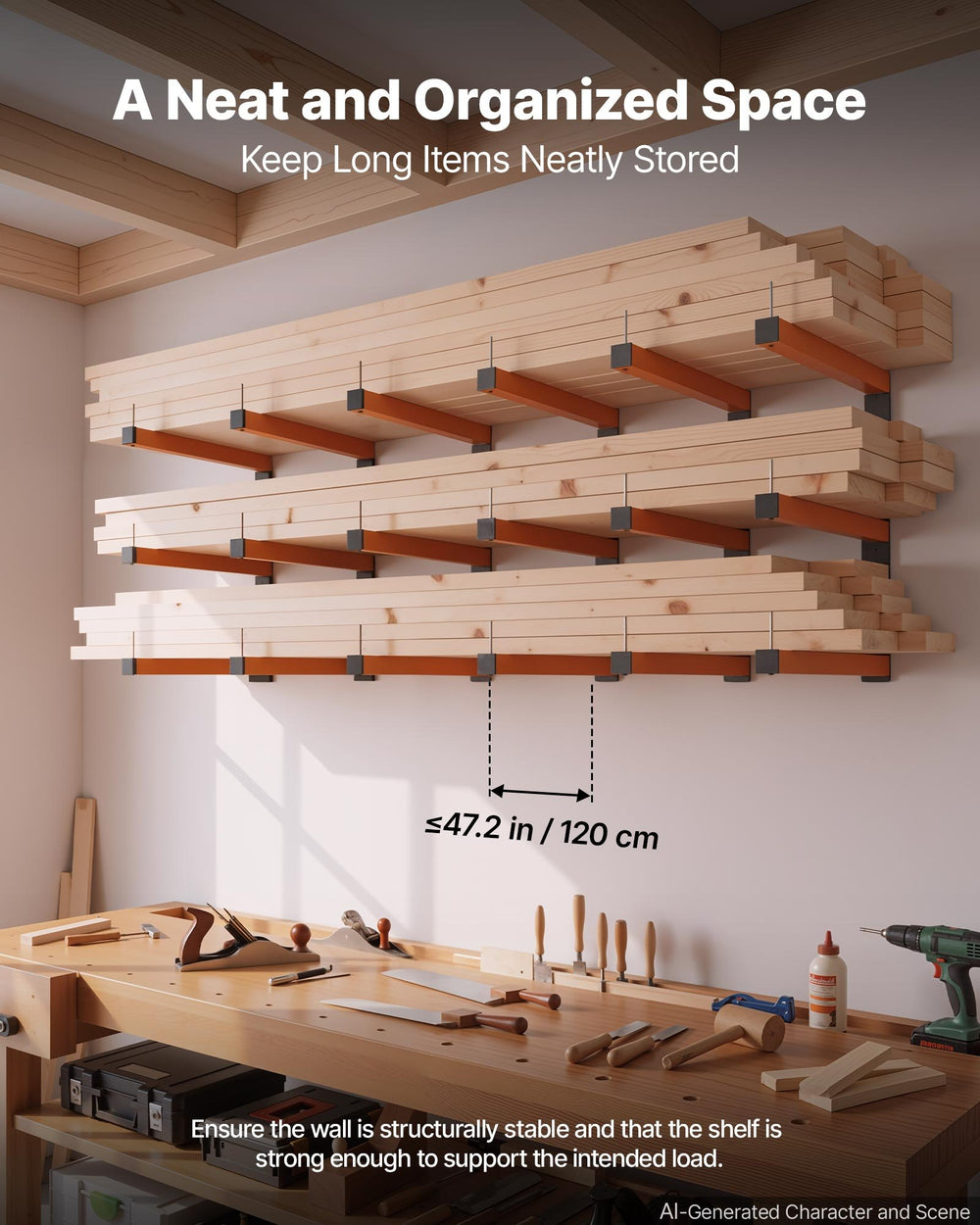 VEVOR Lumber Rack, 3-Tier 6-Pack 50 kg per Tier, Foldable Wood Storage, Wall-mounted for Garages, Workshops, Warehouse, Basement, Heavy-Duty Cantilever Arms, Locking Pins, Steel, Orange & Black