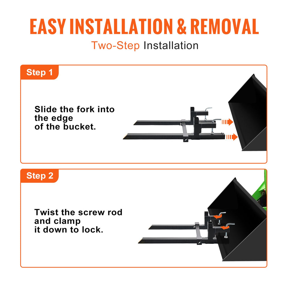 VEVOR Pallet Forks, 907.2 kg Clamp on Pallet Forks, 109.2 cm Total Length Tractor Bucket Forks with Adjustable Stabilizer Bar, Heavy Duty Pallet Forks for Tractor Attachments, Skid Steer, Loader Bucket