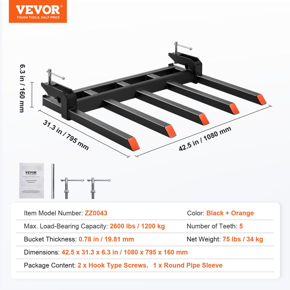 VEVOR Clamp on Debris Forks to 48" Bucket, 2600 lbs Capacity Heavy Duty Clamp on Pallet Forks Bucket Attachments, Fit for Loader Bucket Skidsteer Tractor to Clean up Fallen Limbs Debris or Yard Wwaste