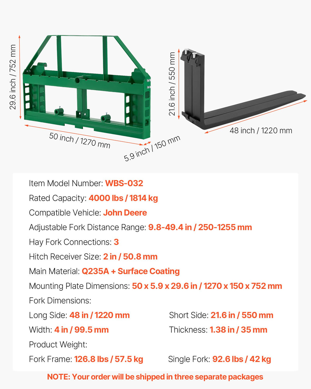 VEVOR Skid Steer Pallet Forks, 1814 kg Rated Load Capacity, Pallet Fork Frame Attachment with 122 cm Pallet Forks Forklift Blades, 50.8 mm Hitch Receiver & Spear Sleeves, Fit for JD Tractors