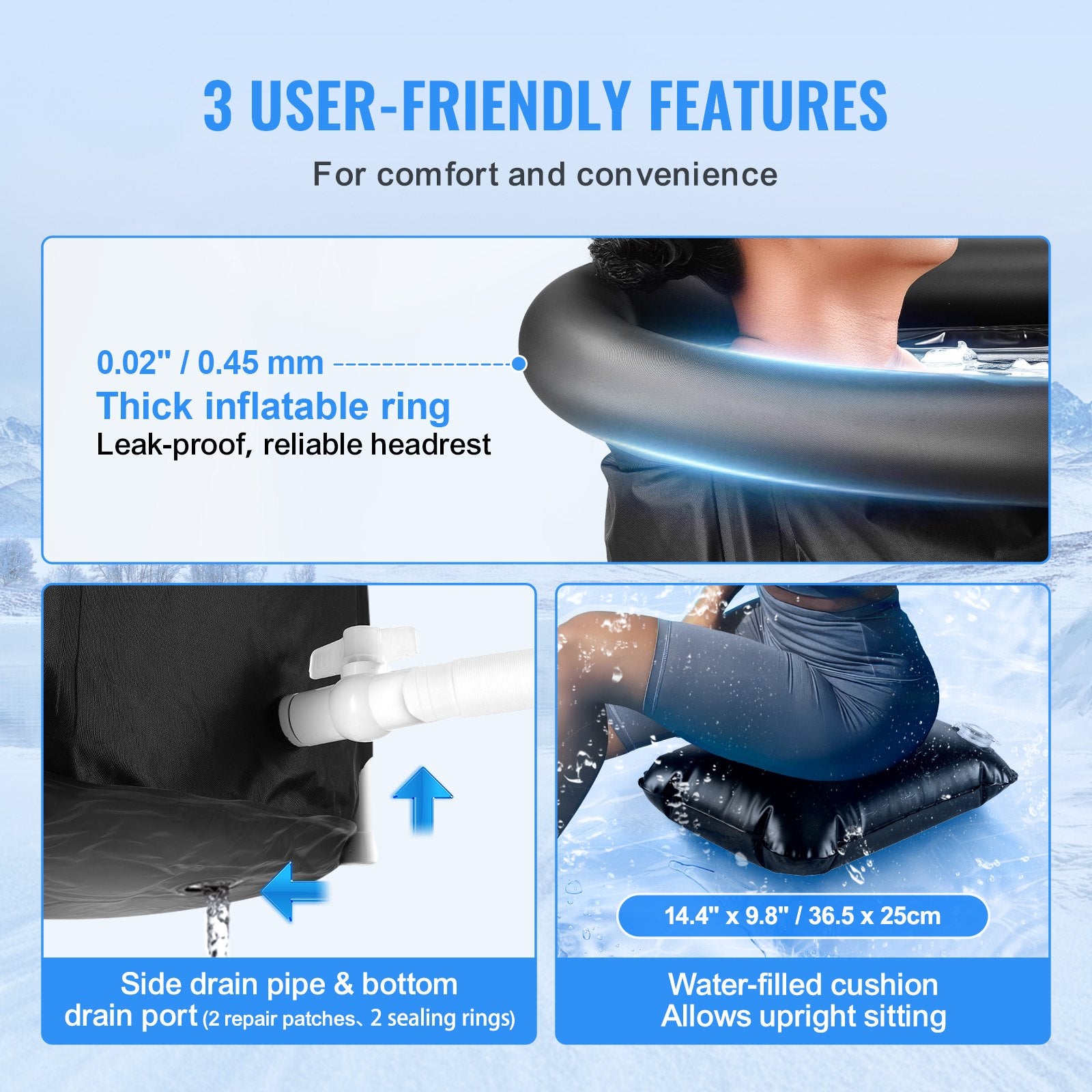 VEVOR Ice Bath Tub, 85 cm Long Cold Water Therapy Plunge Tub for Athletes, Portable Outdoor Ice Barrel Plunge Pool for Recovery, 398L Inflatable Folding Bathtub with Cover, Home Ice Pod for Adult