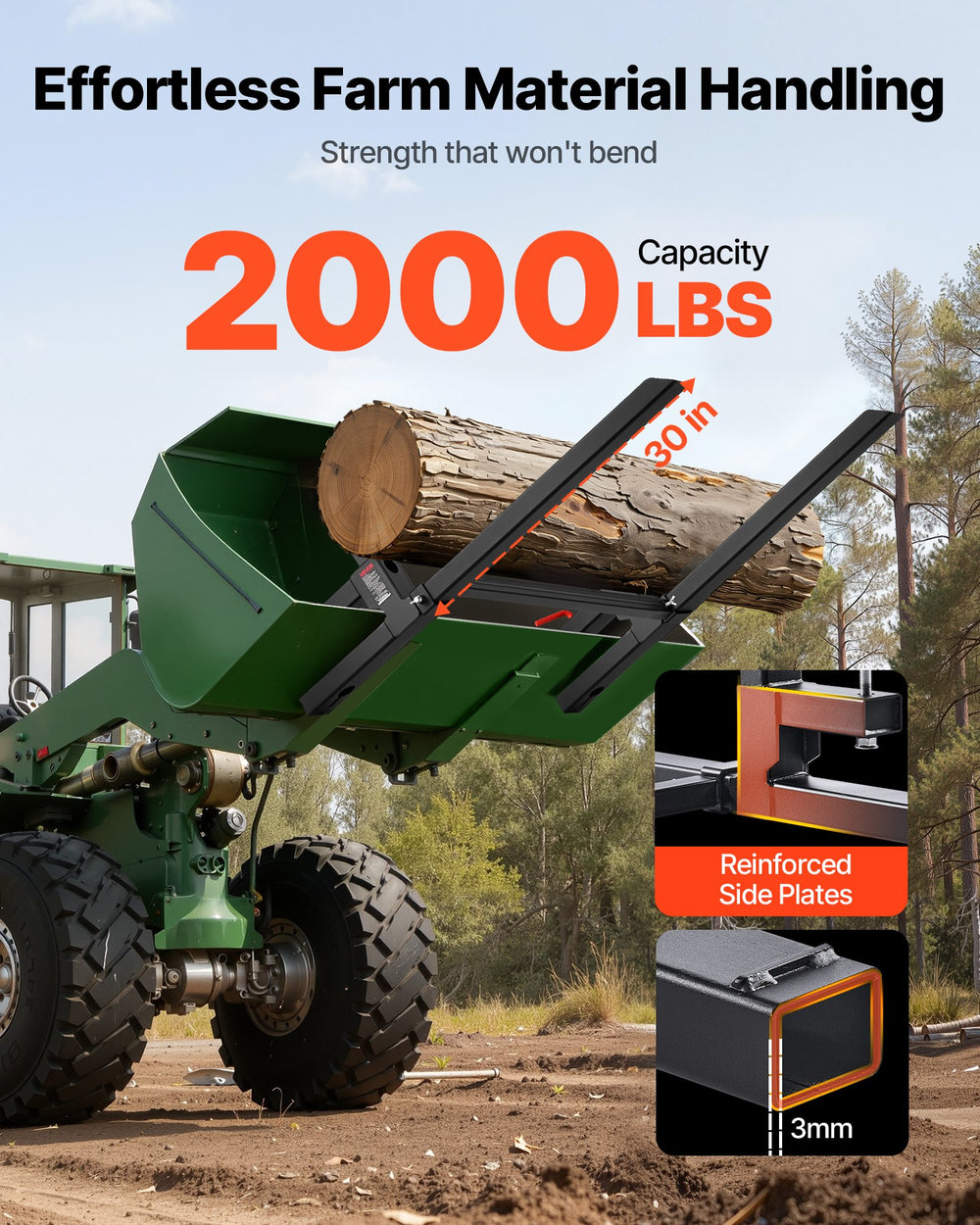 VEVOR Pallet Forks, 907 kg Clamp on Pallet Forks, 109 cm Total Length Heavy-Duty Tractor Fork with Adjustable Stabilizer Bar for Tractor Attachments, Loader Bucket, and Skid Steer, Black
