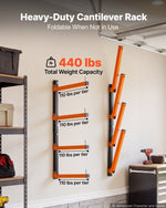 VEVOR Lumber Rack, 4-Tier 2-Pack 50 kg per Tier, Foldable Wood Storage, Wall-mounted for Garages, Workshops, Warehouse, Heavy-Duty Cantilever Arms, 3-Level Adjustment, Steel, Orange & Black