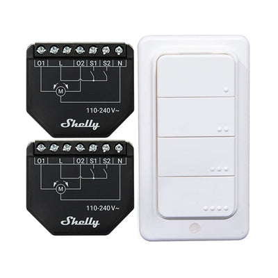 2 žalūziju/aizkaru WiFi kontrolieru komplekts Shelly Shutter + BLU RC Button 4