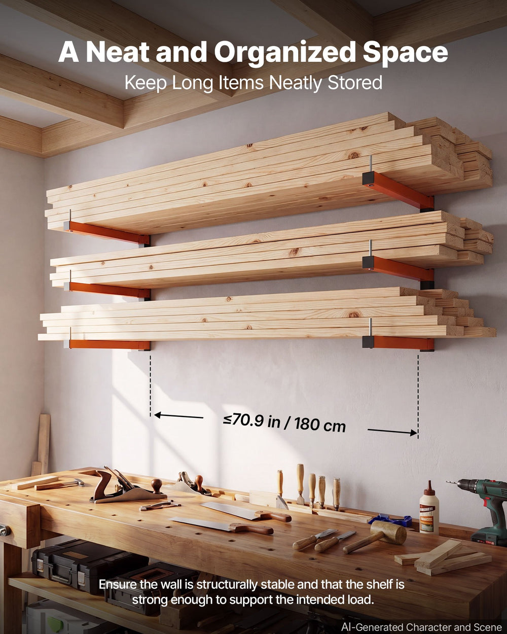 VEVOR Lumber Rack, 3-Tier 2-Pack 50 kg per Tier, Foldable Wood Storage, Wall-mounted for Garages, Workshops, Warehouse, Basement, Heavy-Duty Cantilever Arms, Locking Pins, Steel, Orange & Black