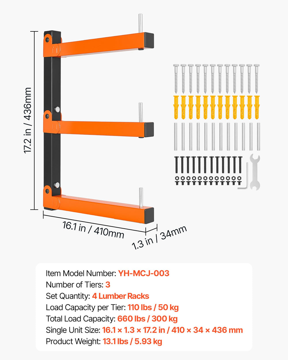 VEVOR Lumber Rack, 3-Tier 4-Pack 50 kg per Tier, Foldable Wood Storage, Wall-mounted for Garages, Workshops, Warehouse, Basement, Heavy-Duty Cantilever Arms, Locking Pins, Steel, Orange &amp; Black