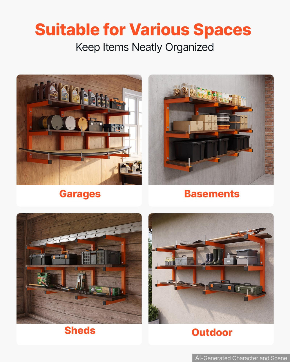 VEVOR Lumber Rack, 3-Tier 4-Pack 100 kg per Tier, Welded Wood Pipe Storage, Wall-mounted Organizer for Garages, Workshops, Warehouse, Basement, Heavy-Duty Steel Cantilever Arms, Locking Pins, Orange