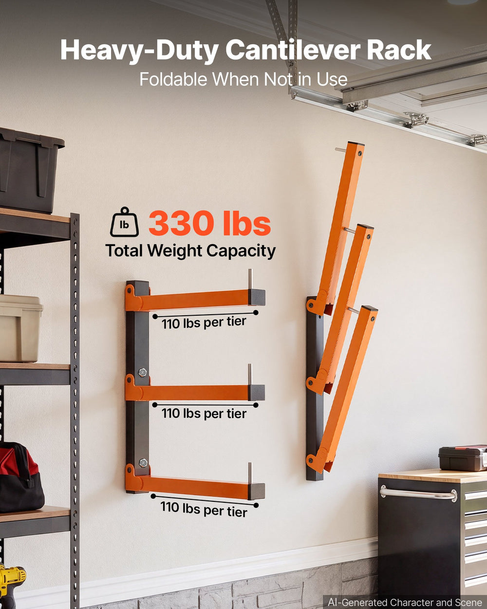 VEVOR Lumber Rack, 3-Tier 2-Pack 50 kg per Tier, Foldable Wood Storage, Wall-mounted for Garages, Workshops, Warehouse, Basement, Heavy-Duty Cantilever Arms, Locking Pins, Steel, Orange & Black