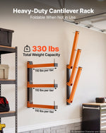 VEVOR Lumber Rack, 3-Tier 2-Pack 50 kg per Tier, Foldable Wood Storage, Wall-mounted for Garages, Workshops, Warehouse, Basement, Heavy-Duty Cantilever Arms, Locking Pins, Steel, Orange & Black
