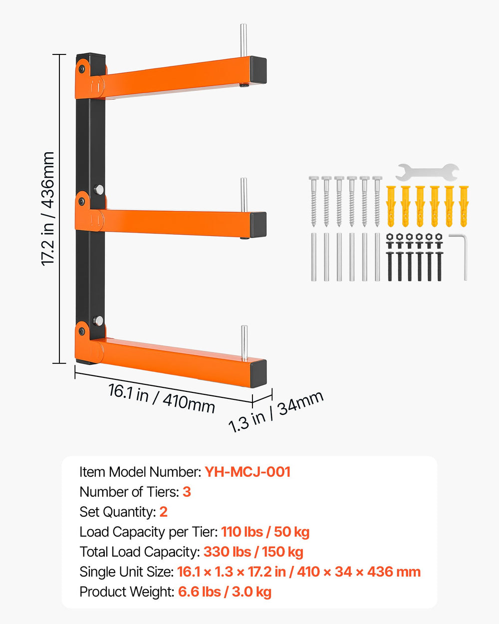 VEVOR Lumber Rack, 3-Tier 2-Pack 50 kg per Tier, Foldable Wood Storage, Wall-mounted for Garages, Workshops, Warehouse, Basement, Heavy-Duty Cantilever Arms, Locking Pins, Steel, Orange & Black