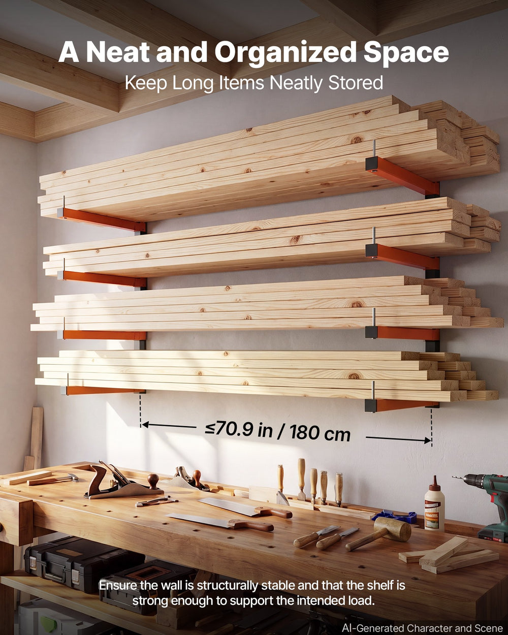 VEVOR Lumber Rack, 4-Tier 2-Pack 50 kg per Tier, Foldable Wood Storage, Wall-mounted for Garages, Workshops, Warehouse, Heavy-Duty Cantilever Arms, 3-Level Adjustment, Steel, Orange & Black