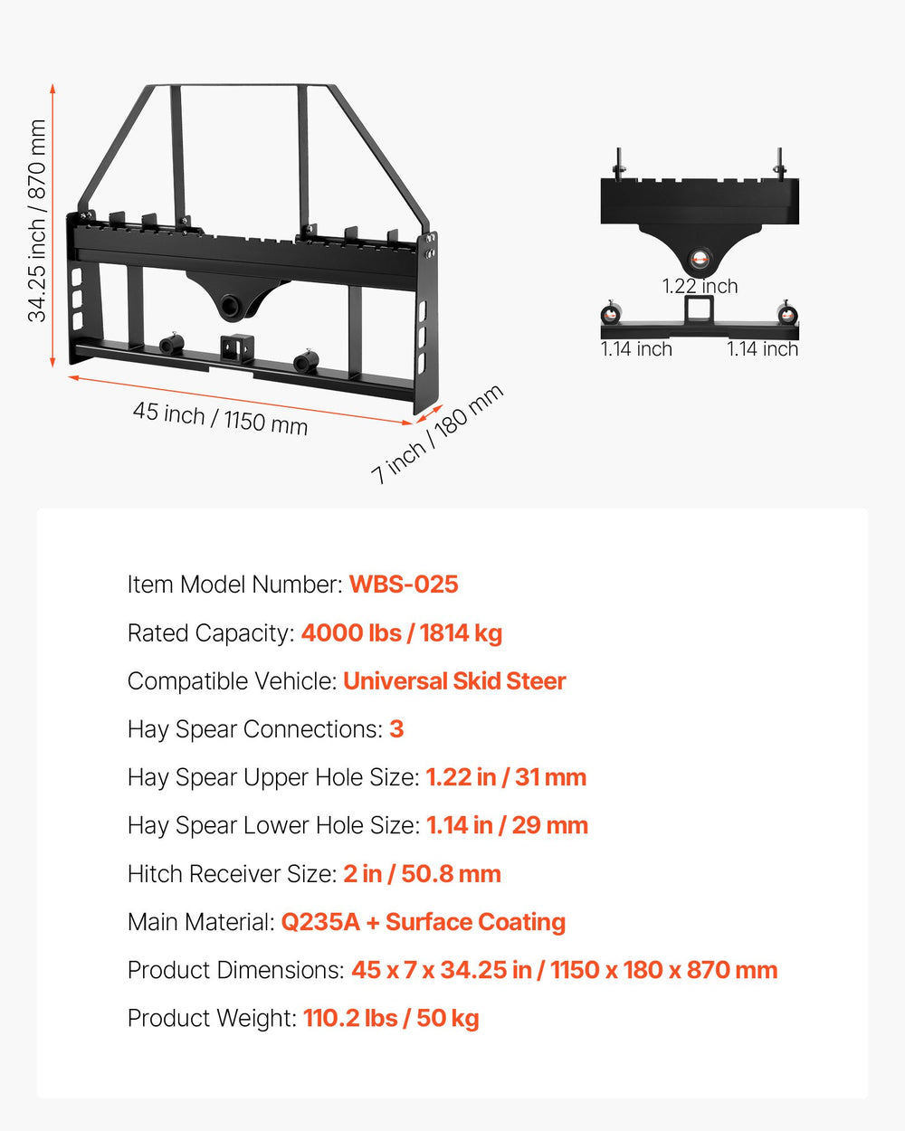 VEVOR Skid Steer Pallet Fork Frame, 1814 kg Rated Capacity, 115 cm Pallet Fork Frame Attachments with 50.8 mm Hitch Receiver & Spear Sleeves, Fit for Quick Attach Tractor Loaders, Frame Only