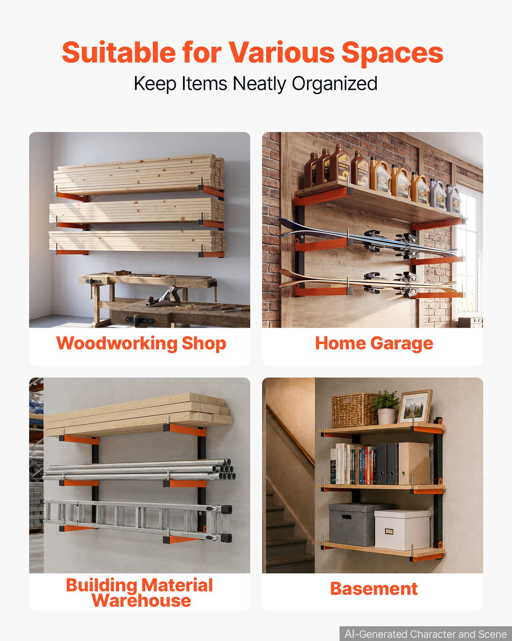 VEVOR Lumber Rack, 3-Tier 2-Pack 50 kg per Tier, Foldable Wood Storage, Wall-mounted for Garages, Workshops, Warehouse, Basement, Heavy-Duty Cantilever Arms, Locking Pins, Steel, Orange & Black