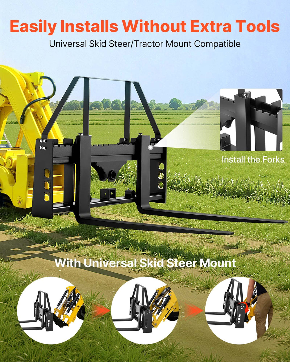 VEVOR Skid Steer Pallet Forks, 1814 kg Rated Capacity, Pallet Fork Frame Attachment with 1065 mm Pallet Forks Forklift Blades, 50.8 mm Hitch Receiver & Spear Sleeves, Fit for Skid Steers, Tractors