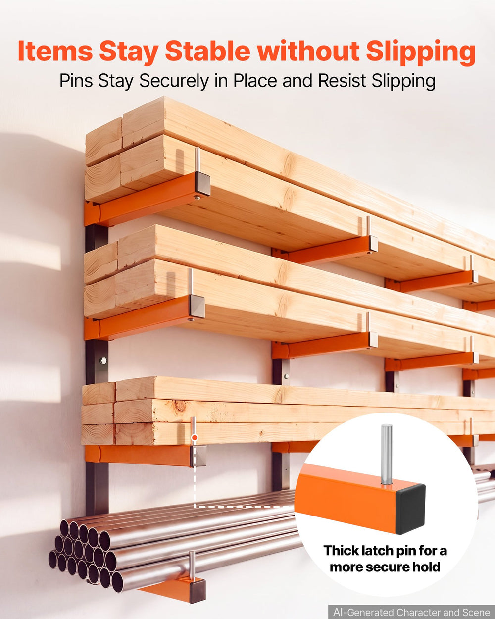 VEVOR Lumber Rack, 4-Tier 4-Pack 50 kg per Tier, Foldable Wood Storage, Wall-mounted for Garages, Workshops, Warehouse, Heavy-Duty Cantilever Arms, 3-Level Adjustment, Steel, Orange & Black