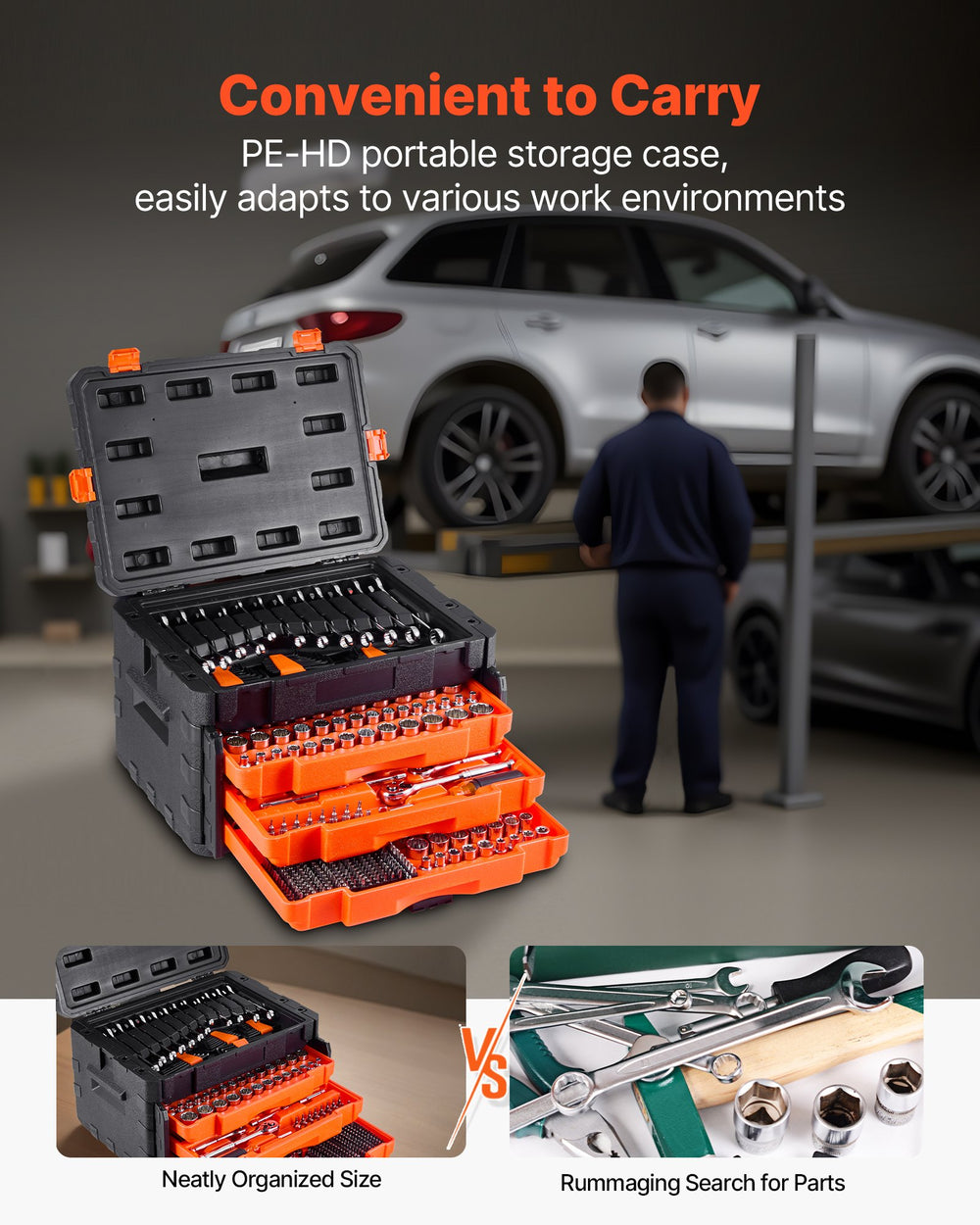VEVOR Mechanics Tool Set and Socket Set, 450 Pcs, 6.4, 9.5 and 12.7 mm Drive Deep and Standard Sockets, SAE Metric Mechanic Tool Kit with Bits, Wrenches, Accessories, Storage Case with Orange Drawer