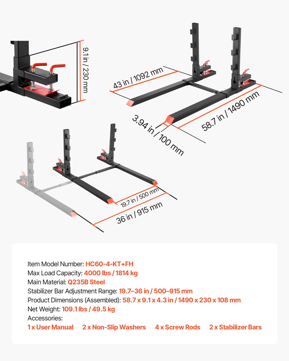 VEVOR Pallet Forks, 1814 kg Clamp on Pallet Forks, 149 cm Total Length Heavy-Duty Tractor Fork with Anti-Tilt Bar & Adjustable Stabilizer Bar, Fit for Loader Bucket Skid Steer Tractor, Black