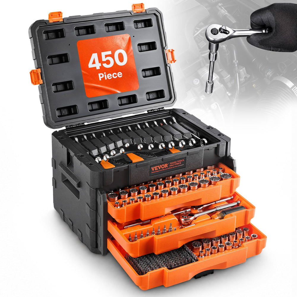 VEVOR Mechanics Tool Set and Socket Set, 450 Pcs, 6.4, 9.5 and 12.7 mm Drive Deep and Standard Sockets, SAE Metric Mechanic Tool Kit with Bits, Wrenches, Accessories, Storage Case with Orange Drawer