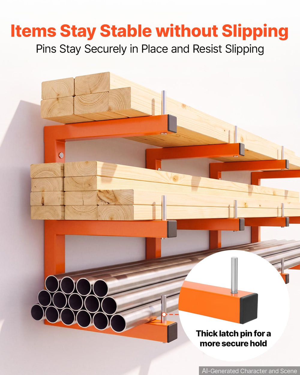 VEVOR Lumber Rack, 3-Tier 4-Pack 100 kg per Tier, Welded Wood Pipe Storage, Wall-mounted Organizer for Garages, Workshops, Warehouse, Basement, Heavy-Duty Steel Cantilever Arms, Locking Pins, Orange