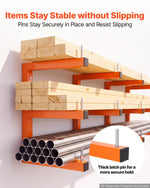 VEVOR Lumber Rack, 3-Tier 4-Pack 100 kg per Tier, Welded Wood Pipe Storage, Wall-mounted Organizer for Garages, Workshops, Warehouse, Basement, Heavy-Duty Steel Cantilever Arms, Locking Pins, Orange