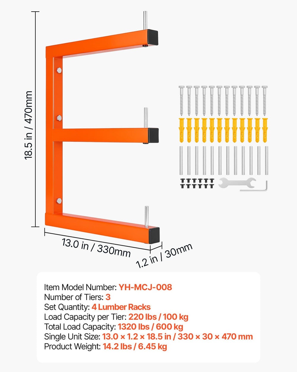 VEVOR Lumber Rack, 3-Tier 4-Pack 100 kg per Tier, Welded Wood Pipe Storage, Wall-mounted Organizer for Garages, Workshops, Warehouse, Basement, Heavy-Duty Steel Cantilever Arms, Locking Pins, Orange