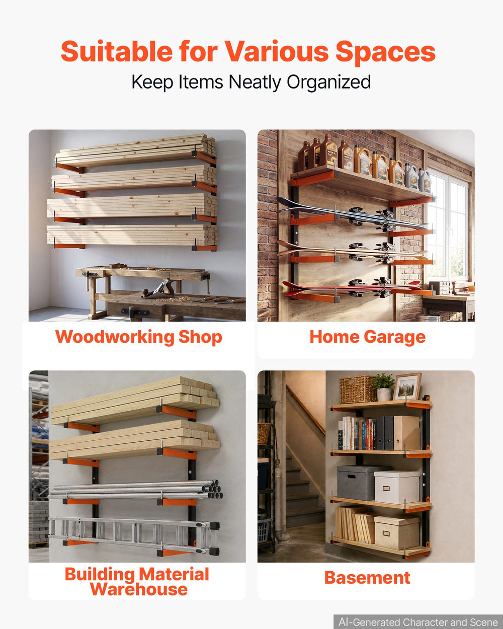 VEVOR Lumber Rack, 4-Tier 2-Pack 50 kg per Tier, Foldable Wood Storage, Wall-mounted for Garages, Workshops, Warehouse, Heavy-Duty Cantilever Arms, 3-Level Adjustment, Steel, Orange & Black
