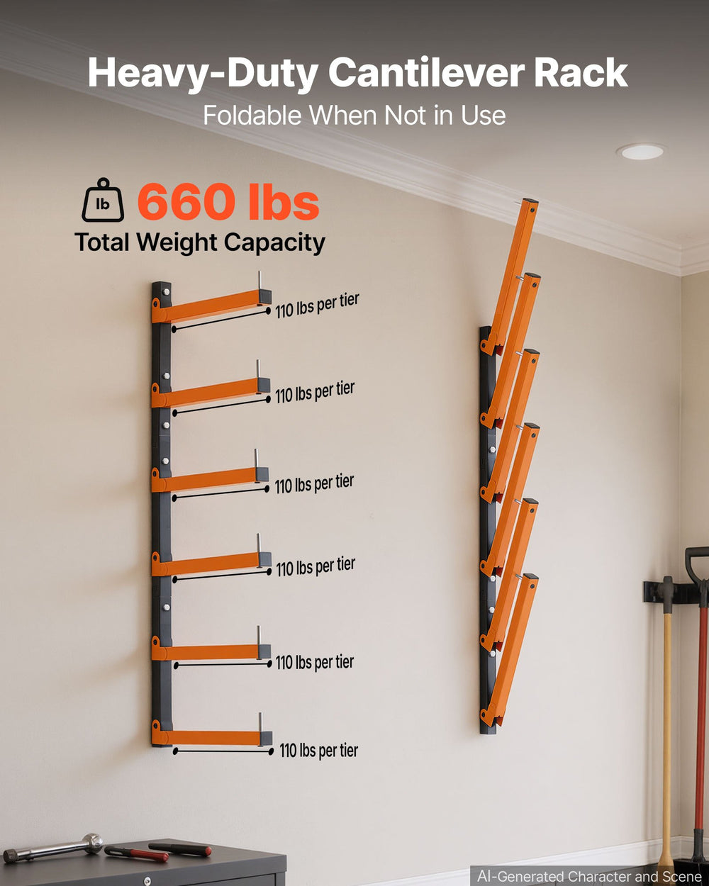 VEVOR Lumber Rack, 6-Tier 2-Pack 50 kg per Tier, Foldable Wood Storage, Wall-mounted for Garages, Workshops, Warehouse, Basement, Heavy-Duty Cantilever Arms, Locking Pins, Steel, Orange & Black