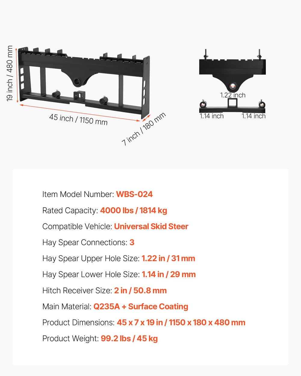 VEVOR Skid Steer Pallet Frame, 1814 kg Rated Load Capacity, 115 cm Pallet Fork Frame Attachments with 50.8 mm Hitch Receiver & Spear Sleeves, Fit for Loaders Tractors Quick Attach Mount, Frame Only