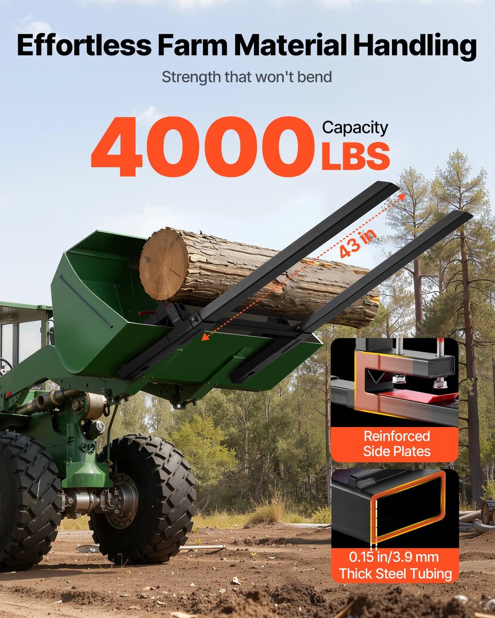 VEVOR Pallet Forks, 1814 kg Clamp on Pallet Forks, 149 cm Total Length Heavy-Duty Tractor Fork with Adjustable Stabilizer Bar for Tractor Attachments, Loader Bucket, and Skid Steer, Black