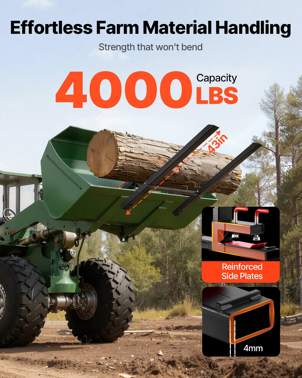 VEVOR Pallet Forks, 1814 kg Clamp on Pallet Forks, 149 cm Total Length Heavy-Duty Tractor Fork with Anti-Tilt Bar & Adjustable Stabilizer Bar, Fit for Loader Bucket Skid Steer Tractor, Black