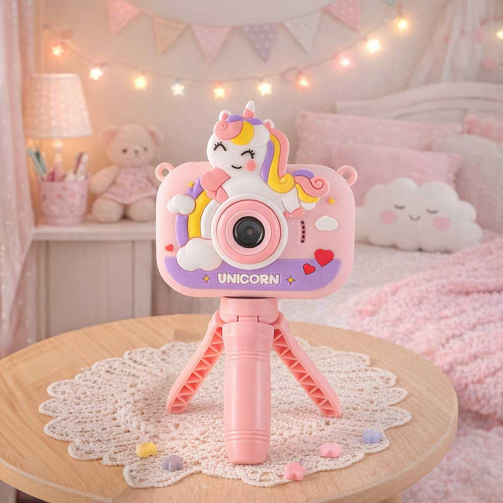 Bērnu digitālā kamera uz statīva vienradzis rozā krāsā