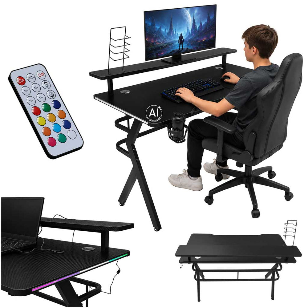 Gaming galds ar RGB LED uzstādījumu un datora turētājiem spēlētājiem, 120x60 cm
