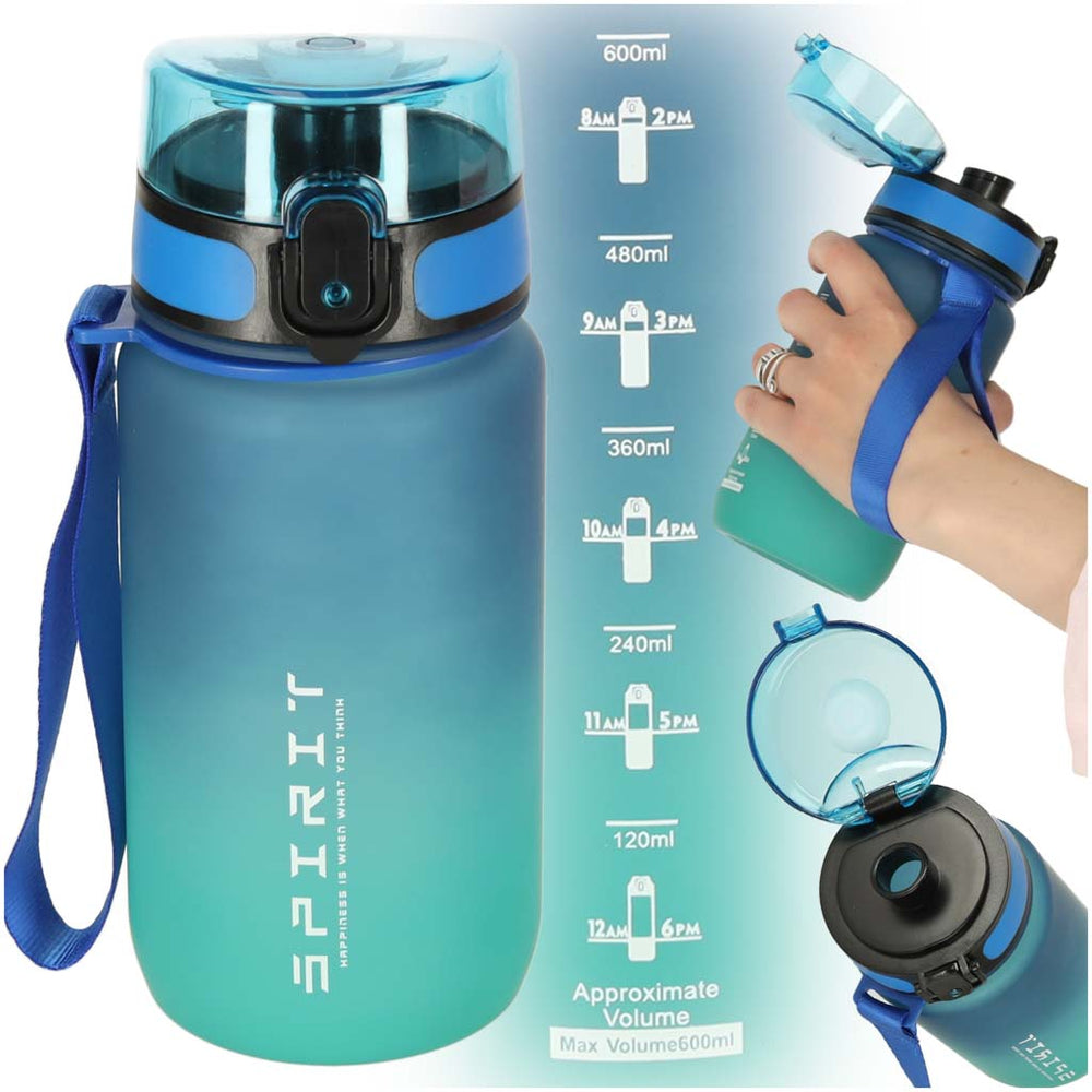 Ūdens pudele bidons ar salmiņa rokturi sporta 600ml zili zaļa